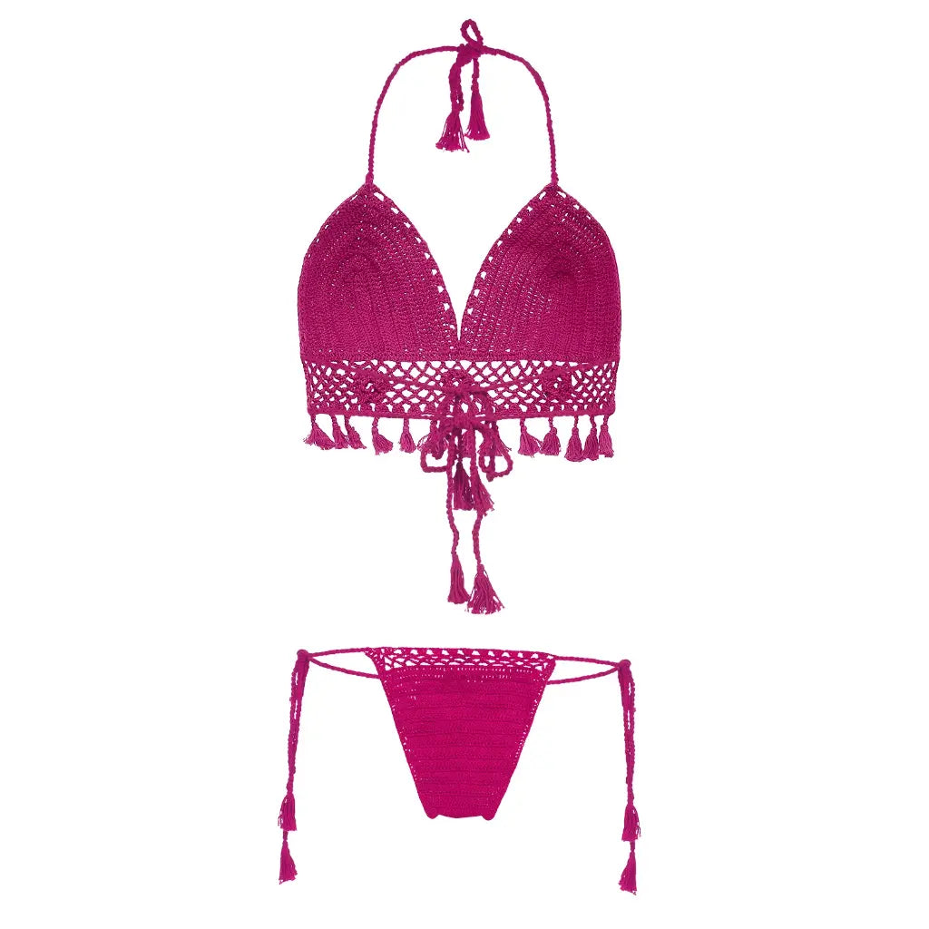 Handmade crochet tassel bikini set with tie side boho beachwear styling.