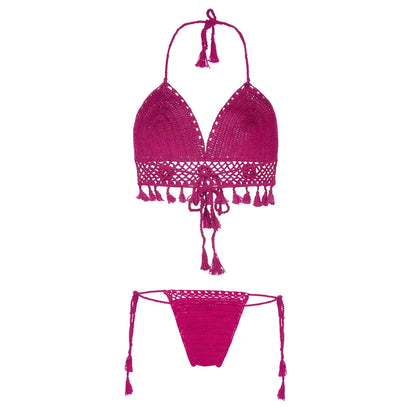 Handmade crochet tassel bikini set with tie side boho beachwear styling.
