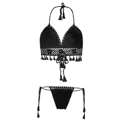 Handmade crochet tassel bikini set with tie side boho beachwear styling.