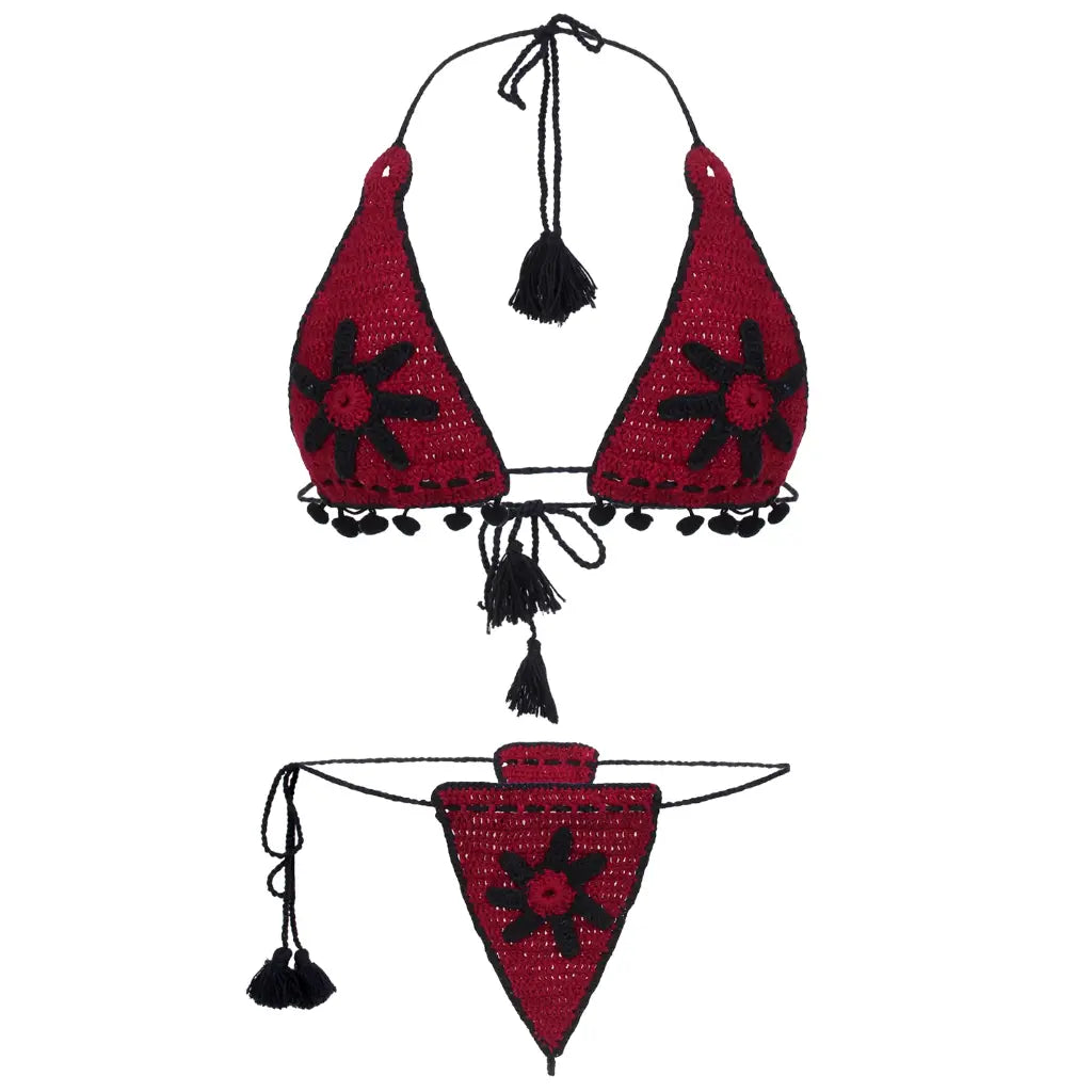 Handmade crochet triangle bikini set with floral detailing and tassel tie design.