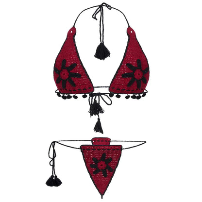 Handmade crochet triangle bikini set with floral detailing and tassel tie design.