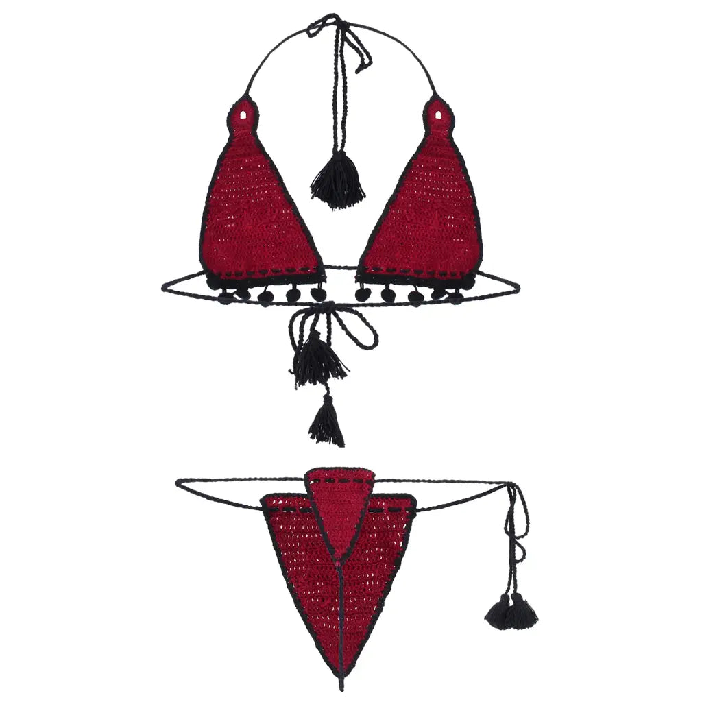 Handmade crochet triangle bikini set with floral detailing and tassel tie design.