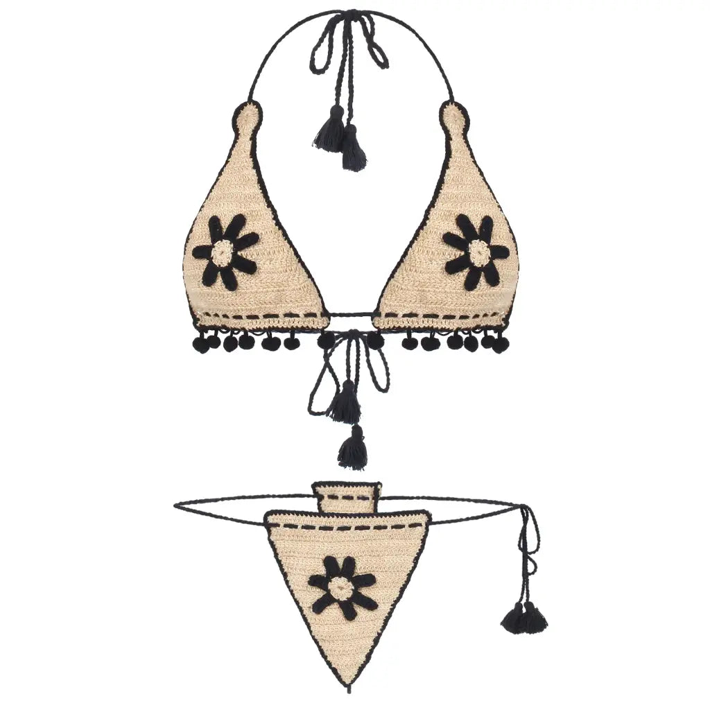 Handmade crochet triangle bikini set with floral detailing and tassel tie design.