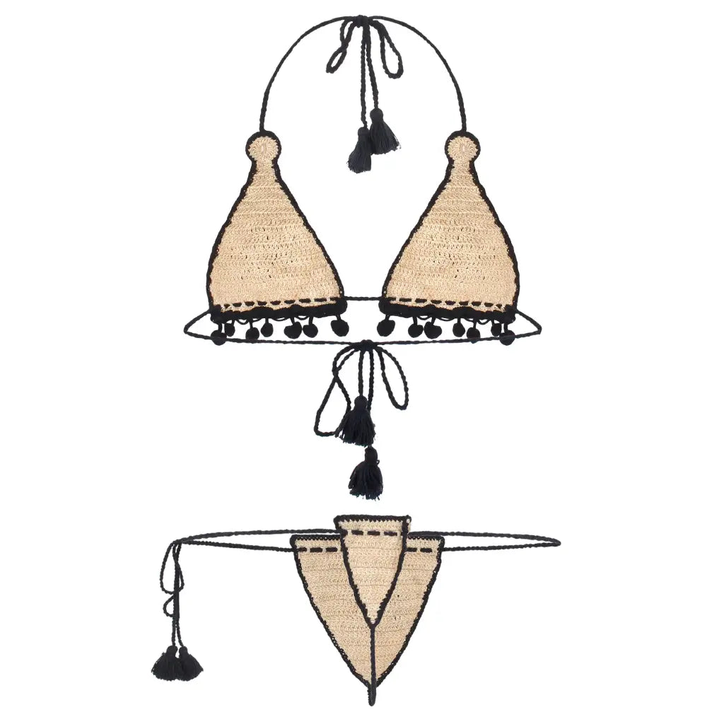 Handmade crochet triangle bikini set with floral detailing and tassel tie design.