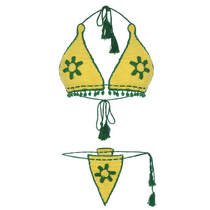 Handmade crochet triangle bikini set with floral detailing and tassel tie design.