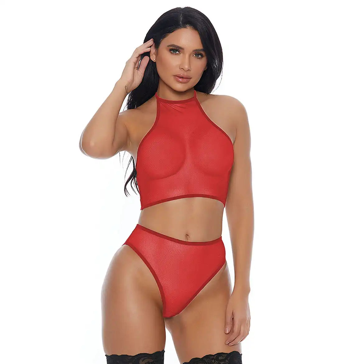 Women’s Sheer Noir Mesh High-Neck Crop Top & High-Waist Panty Set – Modern Two-Piece Lingerie Ensemble with Sporty Silhouette