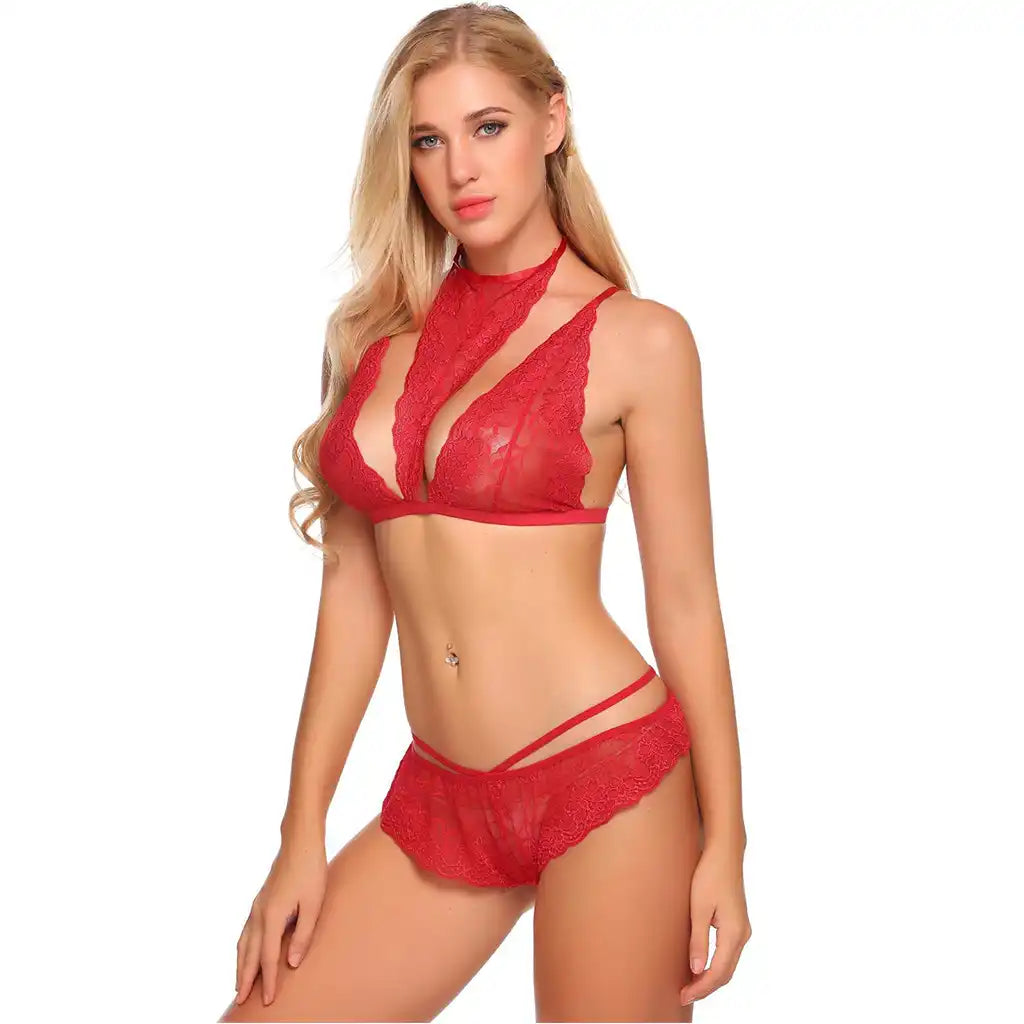 women's black two-piece lingerie set featuring a high-neck floral lace bralette and matching panties with a criss-cross strappy waistband.