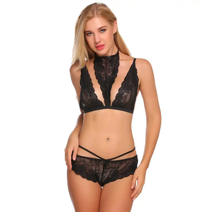 women's black two-piece lingerie set featuring a high-neck floral lace bralette and matching panties with a criss-cross strappy waistband.