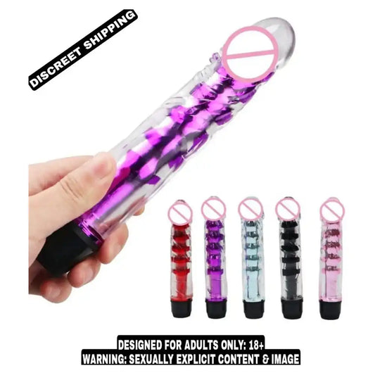 Transparent jelly soft vibrating massager with adjustable multi-speed control and ergonomic design.
