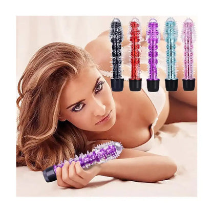 Transparent pink jelly soft vibrating massager with textured surface and flexible design.
