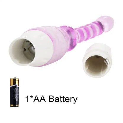 Jelly vibrator stick long beads massager with flexible multi-bead design and handheld vibration unit.