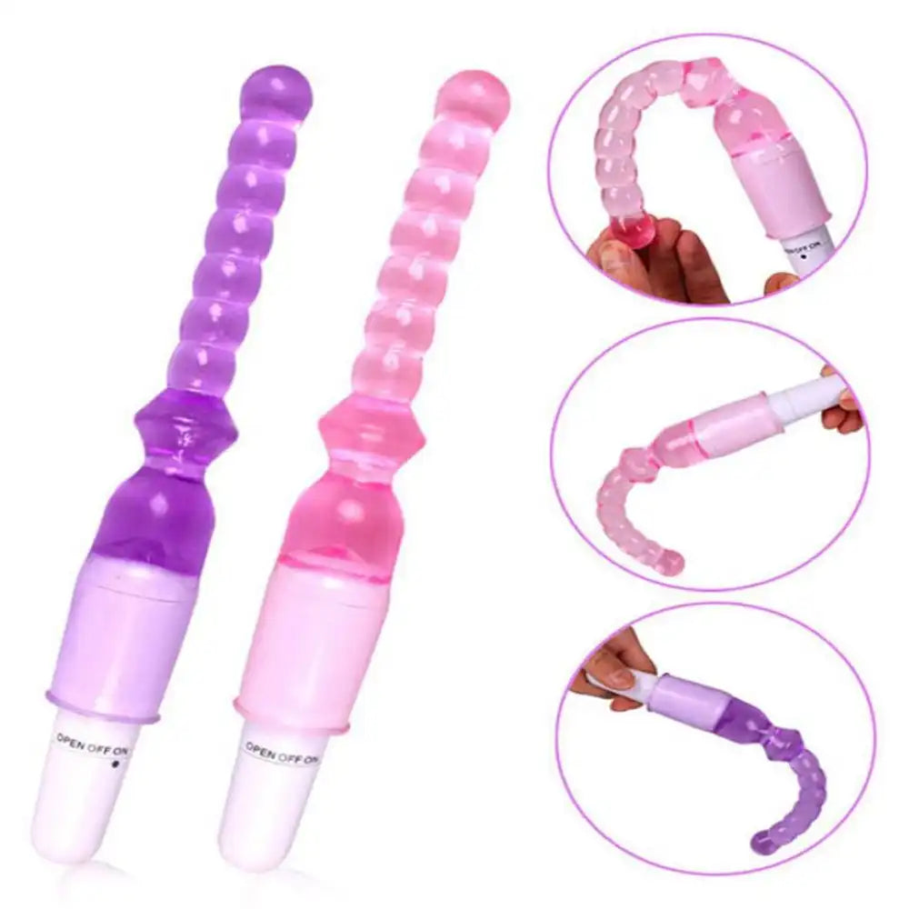 Jelly vibrator stick long beads massager with flexible multi-bead design and handheld vibration unit.