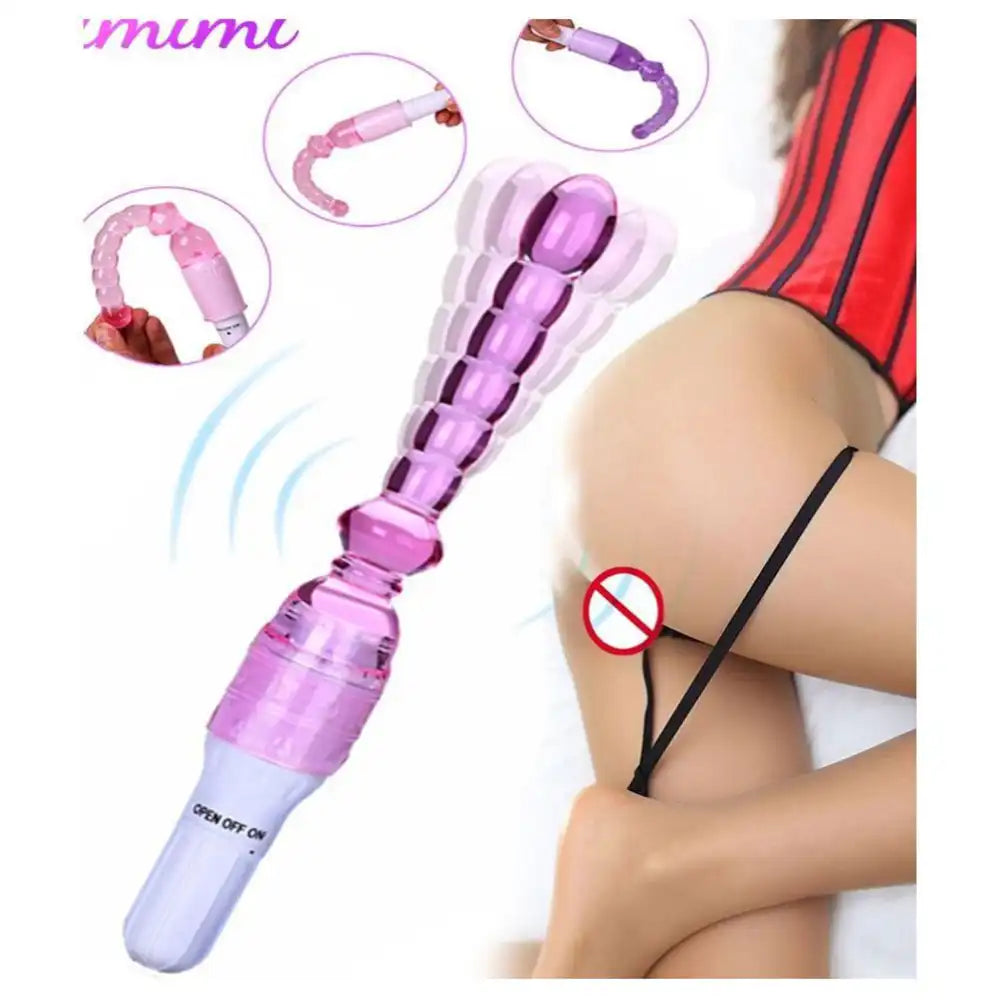 Jelly vibrator stick long beads massager with flexible multi-bead design and handheld vibration unit.