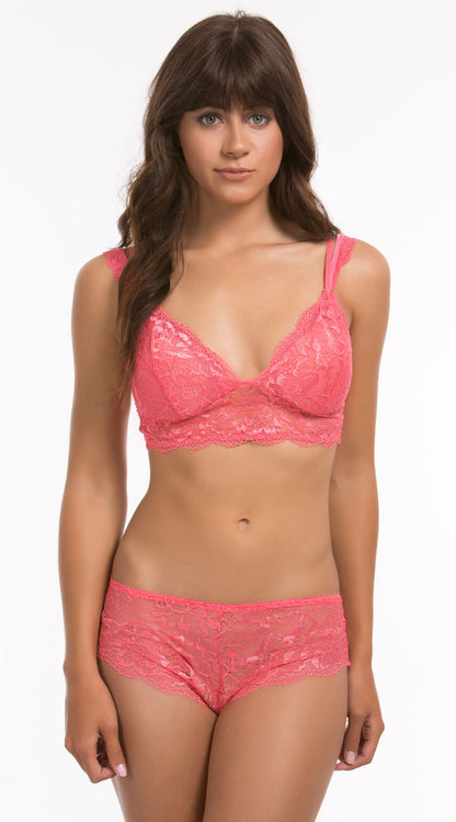  women's black two-piece lingerie set featuring a longline floral lace bralette and matching lace boyshorts with scalloped trim.