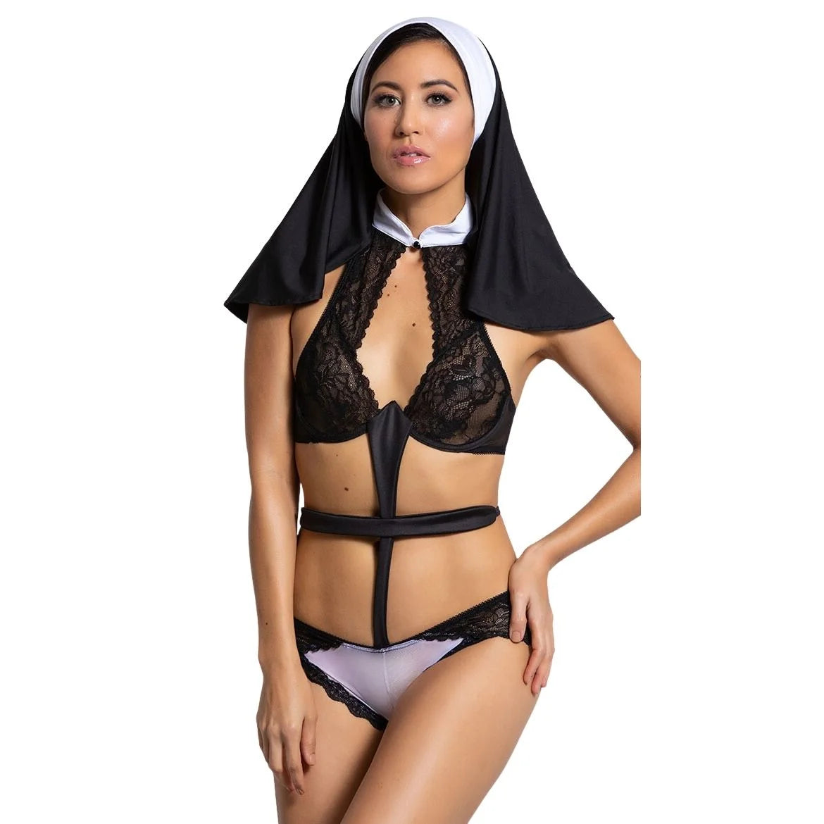 woman wearing black lace fantasy cutout lingerie bodysuit with contrast detailing and matching headpiece