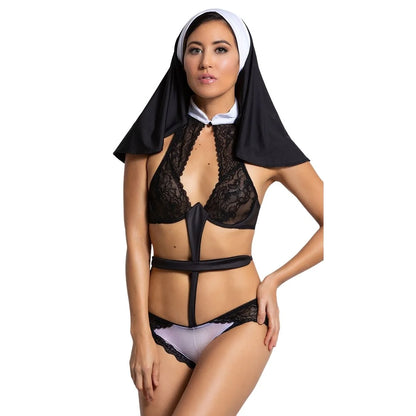 woman wearing black lace fantasy cutout lingerie bodysuit with contrast detailing and matching headpiece