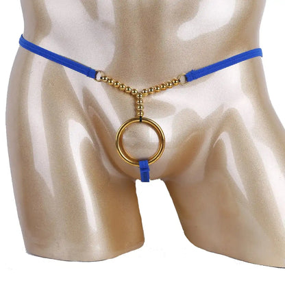 men’s Multicolor minimal strap thong with gold beads and metallic ring detail