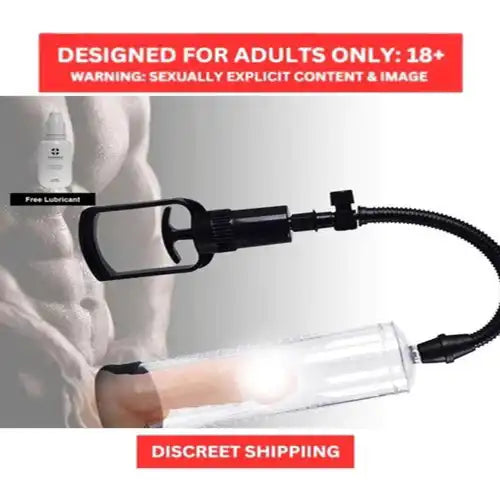 Men's manual vacuum pump system with transparent measurement cylinder and ergonomic hand pump.
