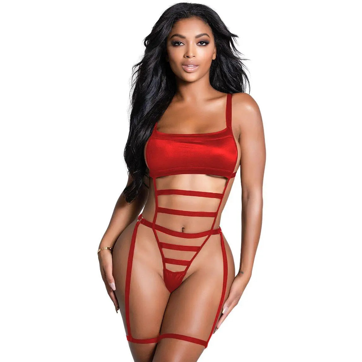 woman wearing metallic red strappy cut out bodysuit lingerie with geometric body contour strap design