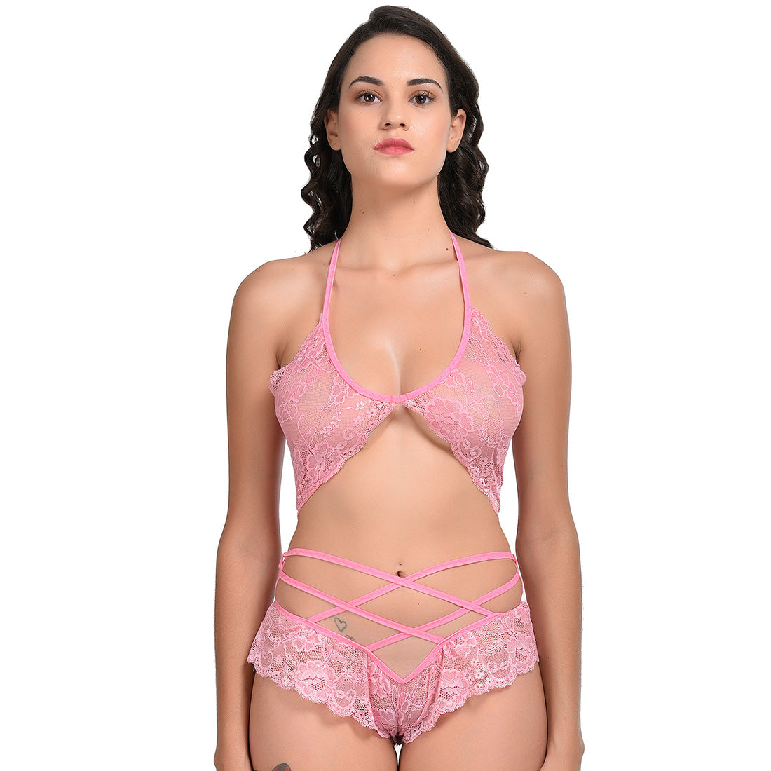 women's two-piece lingerie set featuring a black floral lace halter top and a matching panty with a decorative multi-strap criss-cross waistband.
