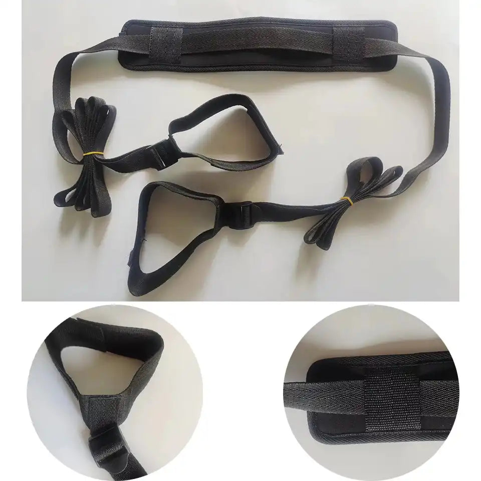 Black neck collar connected to adjustable padded leg cuffs with durable nylon positioning straps.