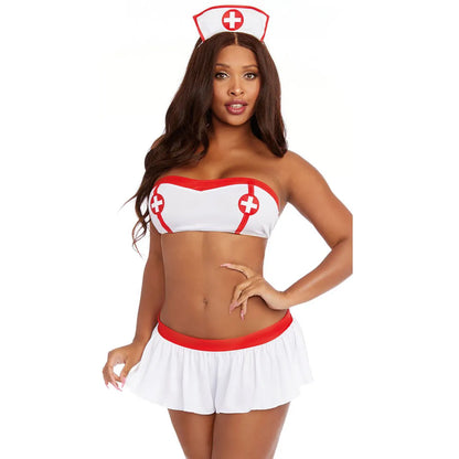 woman wearing white and red strapless nurse inspired two piece lingerie set with matching mini skirt and cap