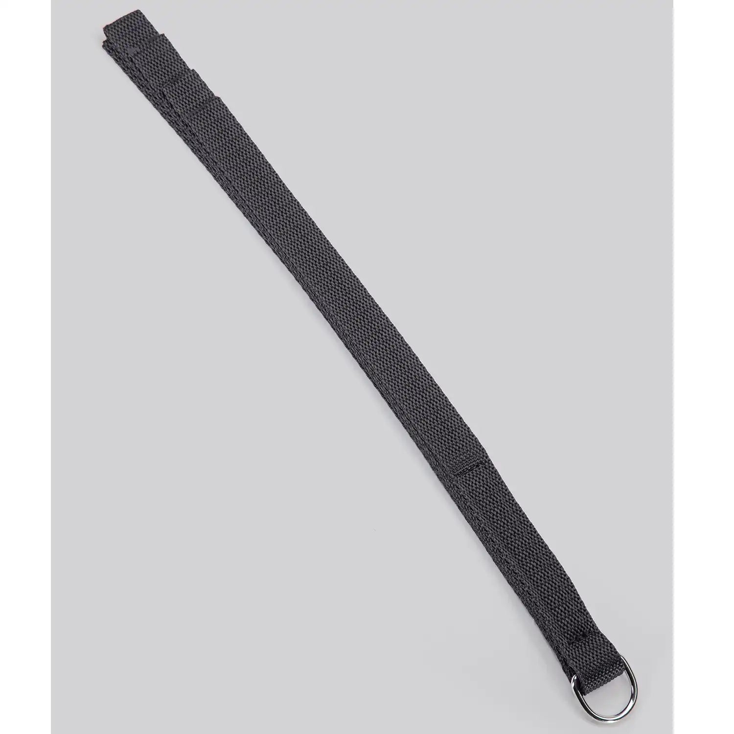 Black nylon flogger with multiple flexible woven tails and comfortable wrapped handle.