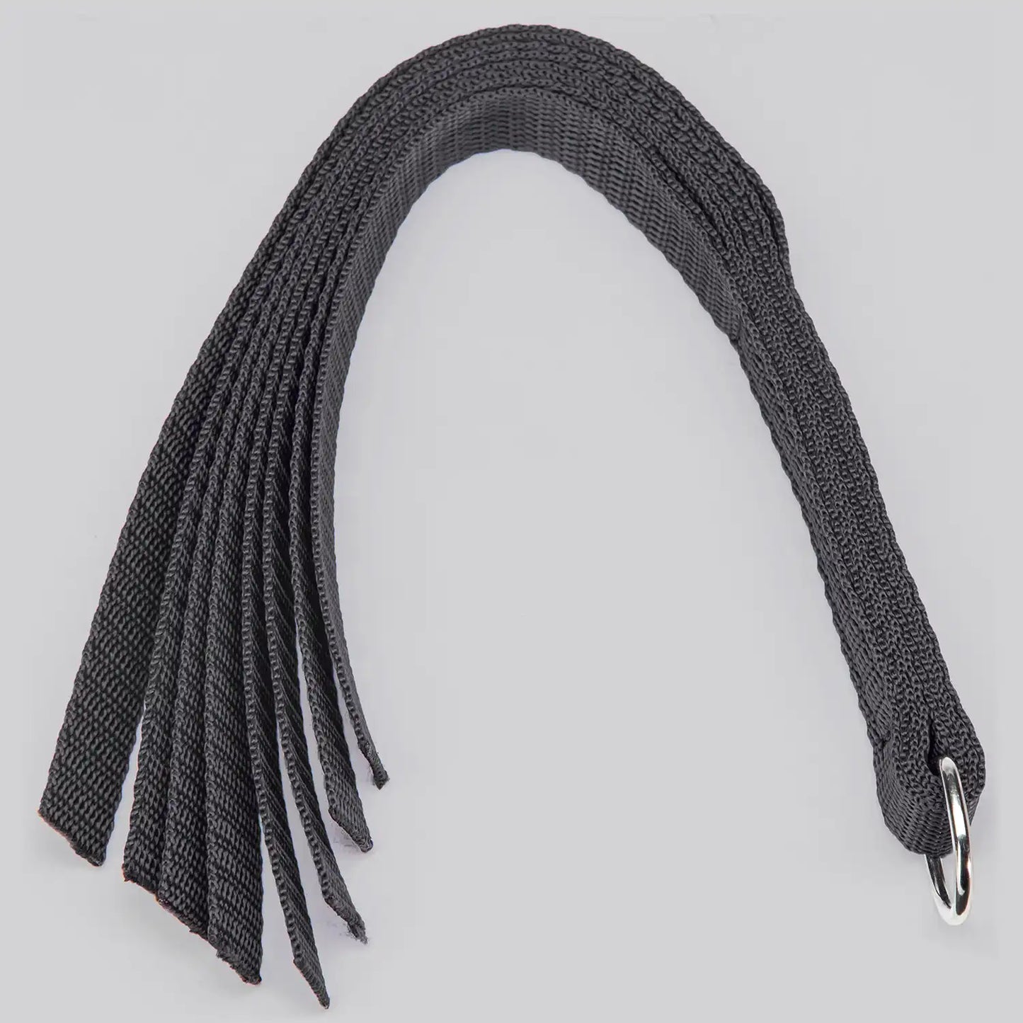 Black nylon flogger with multiple flexible woven tails and comfortable wrapped handle.