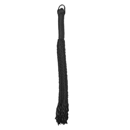 nylon flogger with wrapped handle and multiple flexible tails for roleplay and sensory play.