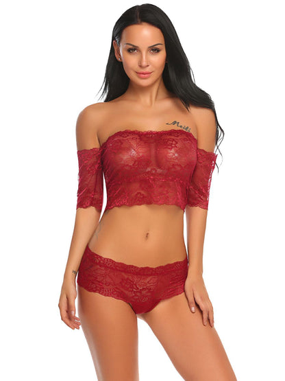 women's two-piece lingerie set featuring a sheer floral lace off-shoulder crop top with short sleeves and matching lace-trimmed panties