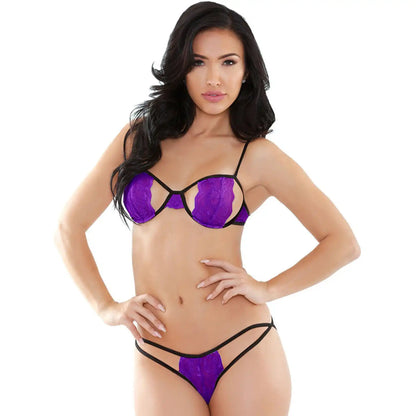women's black two-piece lingerie set featuring a floral lace bralette with modern cut-out details and a matching multi-strap string panty.
