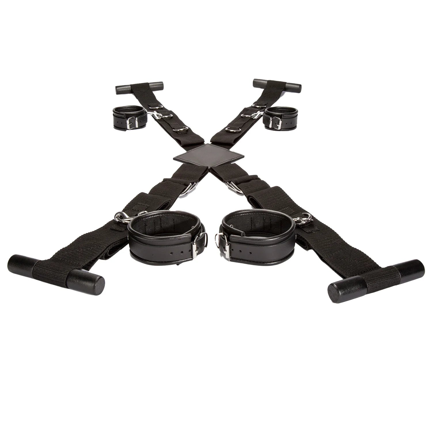Over-the-door full restraint kit with adjustable wrist and ankle cuffs attached to a door-mounted strap system.
