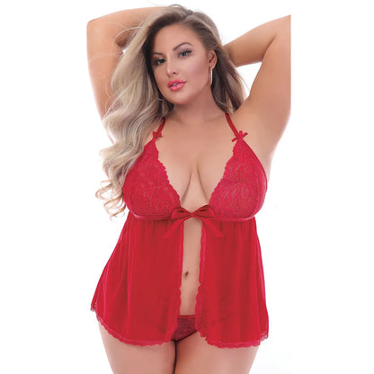 woman wearing red sheer babydoll lingerie with deep V lace cups and open front mesh design