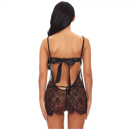 women's black two-piece lingerie set featuring an eyelash lace babydoll with a large satin bow on the back and matching G-string.
