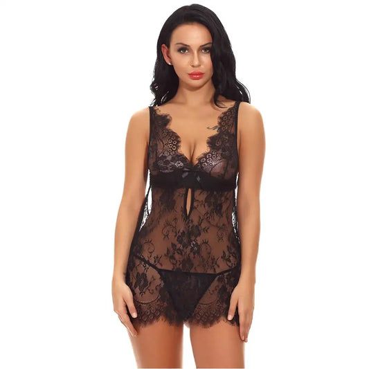 women's black two-piece lingerie set featuring an eyelash lace babydoll with a large satin bow on the back and matching G-string.