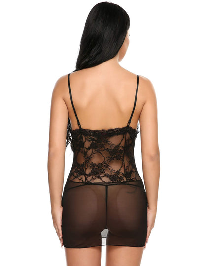 women's black two-piece lingerie set featuring a floral lace bodice babydoll with a high-slit sheer mesh skirt and matching G-string.