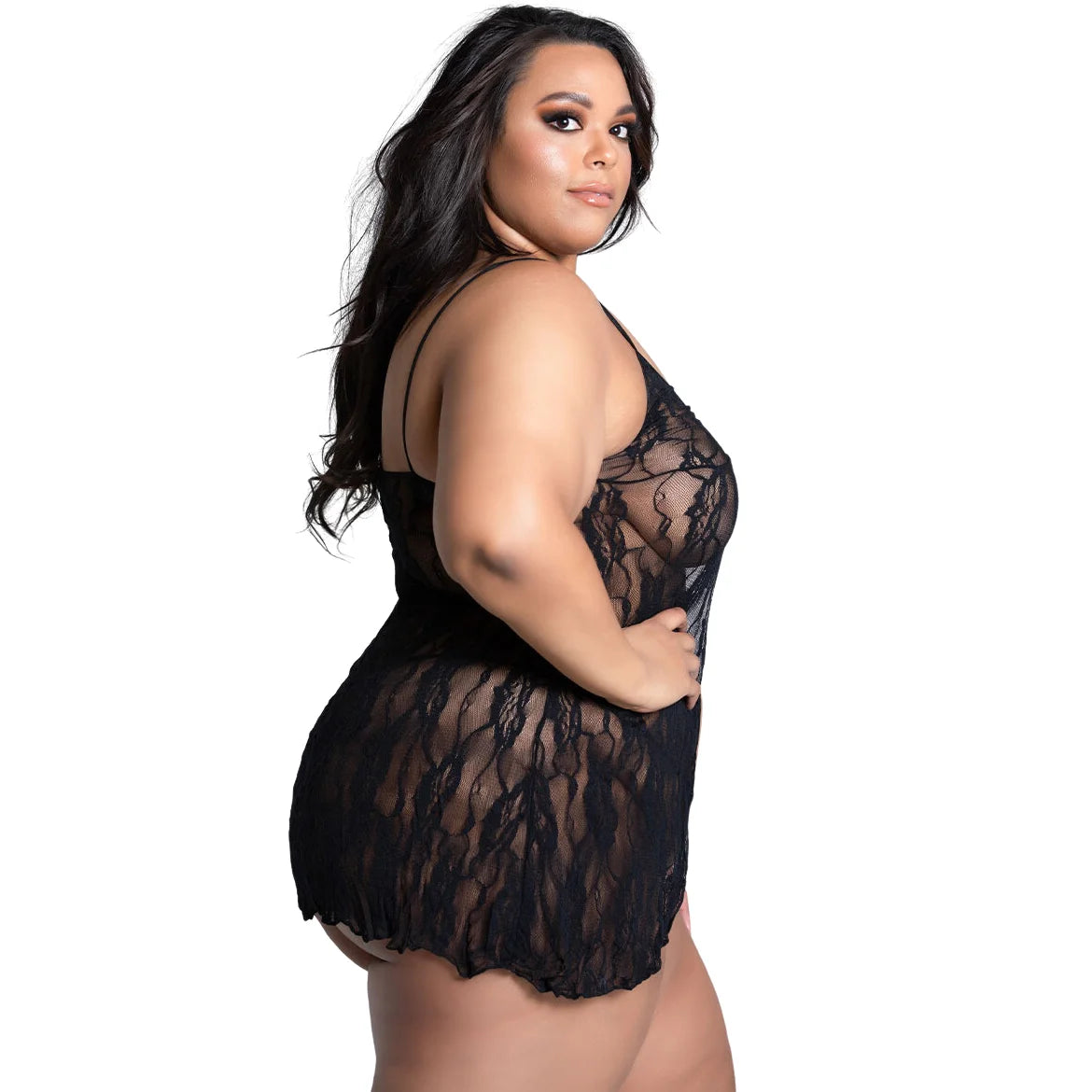 women's  black lingerie set featuring an open-front full floral lace babydoll and matching lace G-string.