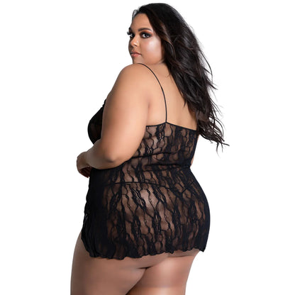 women's  black lingerie set featuring an open-front full floral lace babydoll and matching lace G-string.