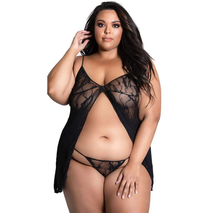 women's  black lingerie set featuring an open-front full floral lace babydoll and matching lace G-string.