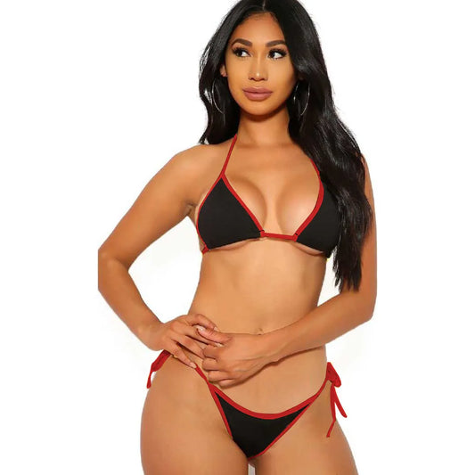 Premium women's two-piece swimwear set in black with red contrast trim, featuring a triangle halter top and side-tie bikini bottoms.