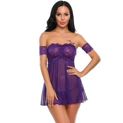 women's purple two-piece lingerie set featuring an off-shoulder lace bodice babydoll with matching arm sleeves, a sheer mesh skirt, and coordinating G-string.