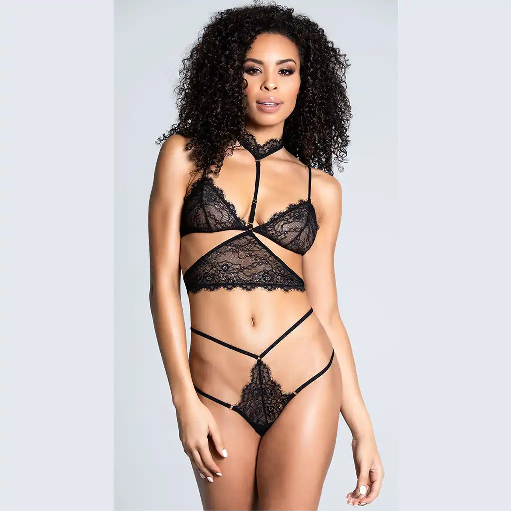 women's black two-piece lingerie set featuring an eyelash lace bralette with an integrated choker and a matching multi-strap lace thong. 
