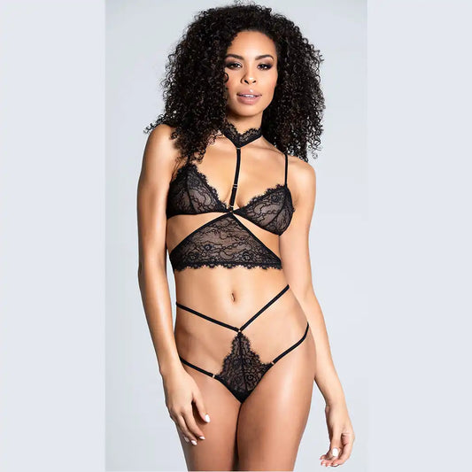 women's black two-piece lingerie set featuring an eyelash lace bralette with an integrated choker and a matching multi-strap lace thong. 