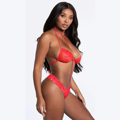 women's hot pink one-piece lingerie teddy featuring a floral lace halter top, vertical center strap, and matching scalloped lace bottom.
