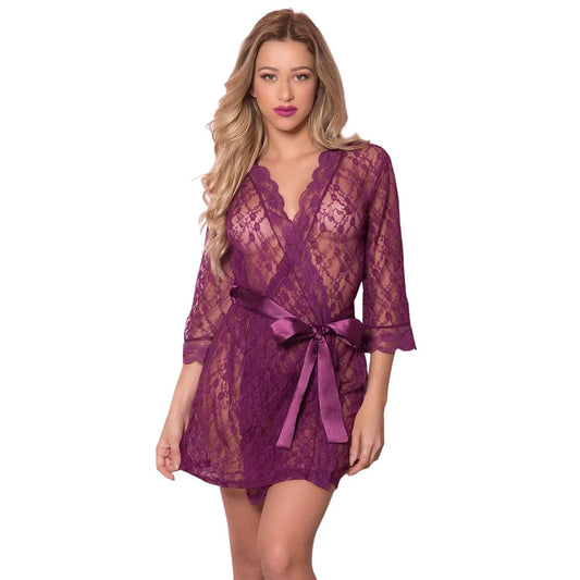  Premium women's sheer floral lace robe featuring delicate scalloped trim on the neckline and hem with an adjustable satin waist sash.

