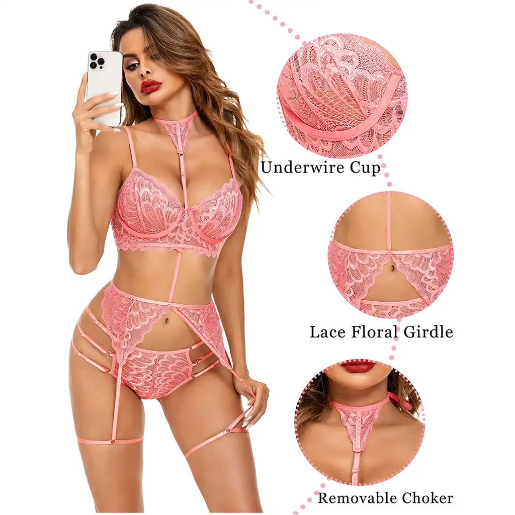 women's black multi-piece lingerie set featuring an underwired lace bustier with choker harness, matching garter belt, and strappy panties.
