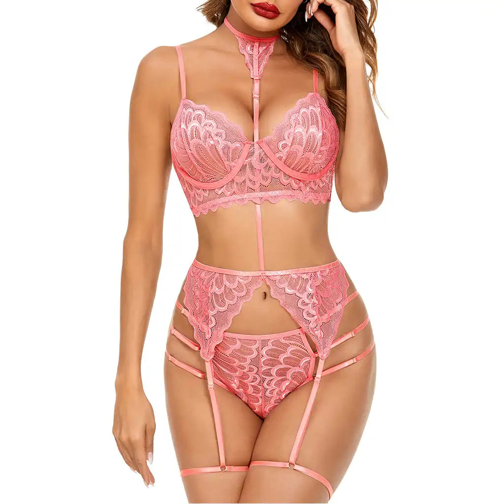 women's black multi-piece lingerie set featuring an underwired lace bustier with choker harness, matching garter belt, and strappy panties.

