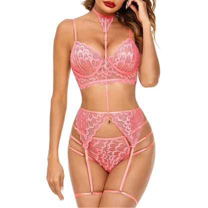 women's black multi-piece lingerie set featuring an underwired lace bustier with choker harness, matching garter belt, and strappy panties.
