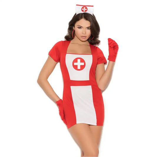 Professional studio shot of a multi-piece themed sleepwear set featuring a red short-sleeve bodycon mini dress with white panels and matching themed accessories.