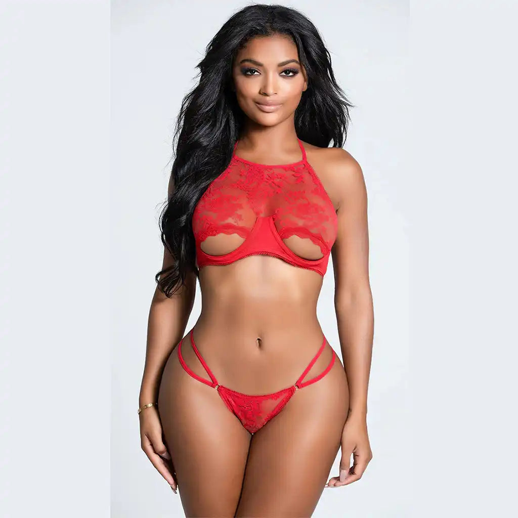women's two-piece lingerie set featuring a high-neck floral embroidered bralette with an open-bust design and matching multi-strap panties.